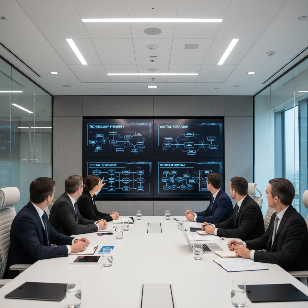 Consultor tecnológico presentando estrategia digital en sala de juntas con ejecutivos empresariales