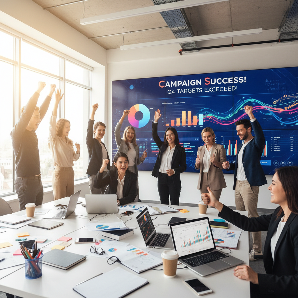 Equipo de Tecuanisoft celebrando el éxito de proyectos completados en oficina moderna