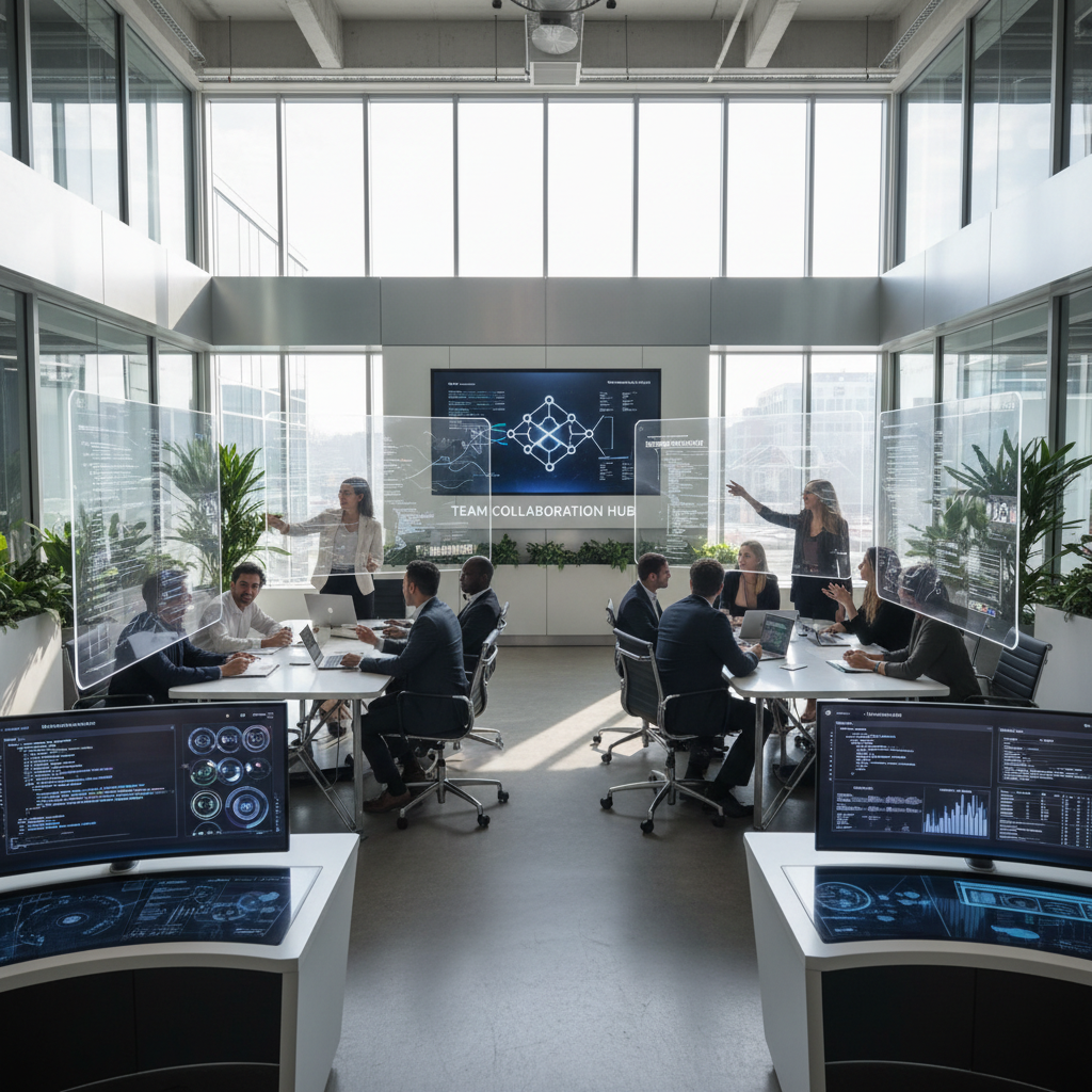 Equipo de Tecuanisoft colaborando en oficina moderna con tecnología avanzada en Tepic, Nayarit
